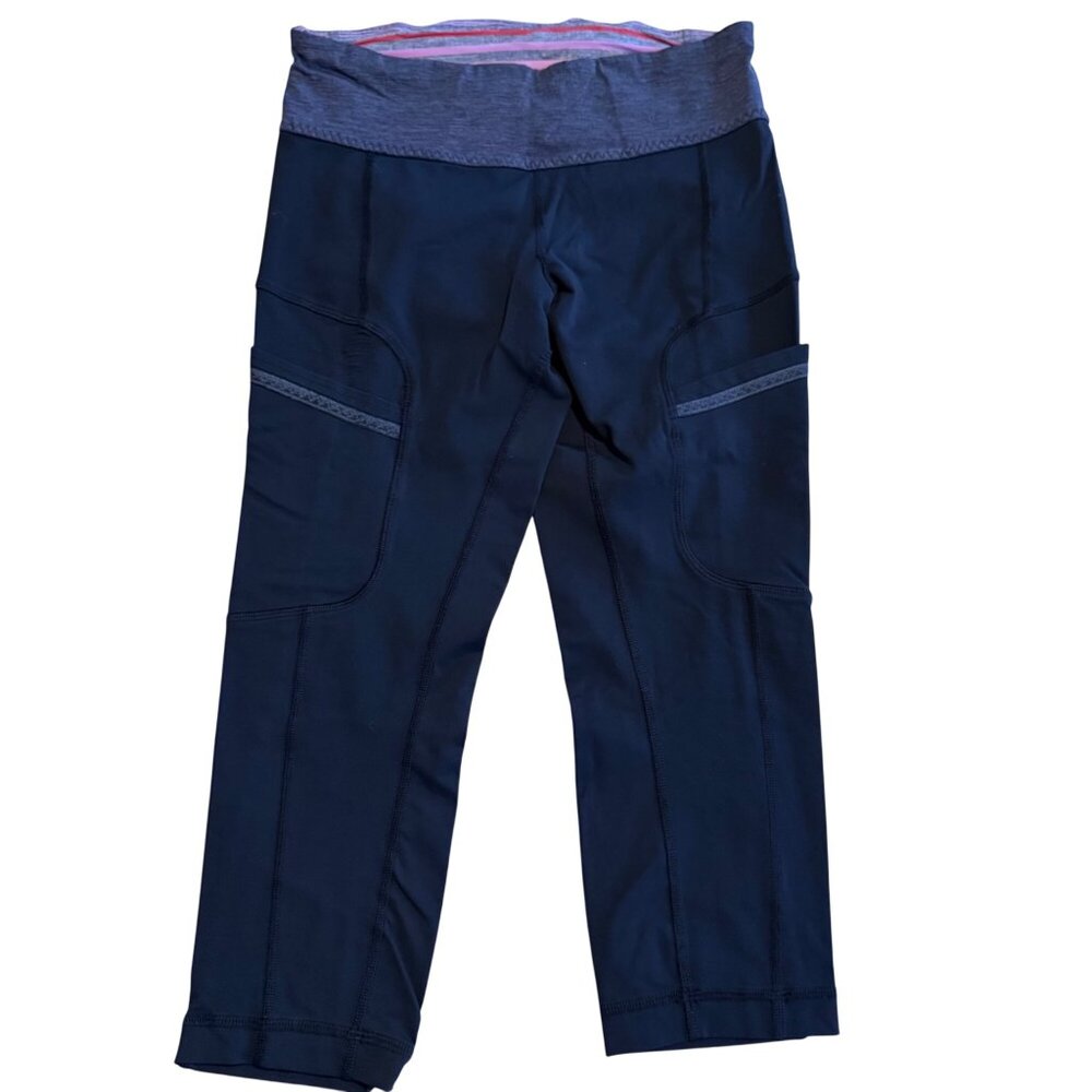 SIZE 6 Lululemon Black Gray Speed Up Cropped Leggings Red Zip Pocket